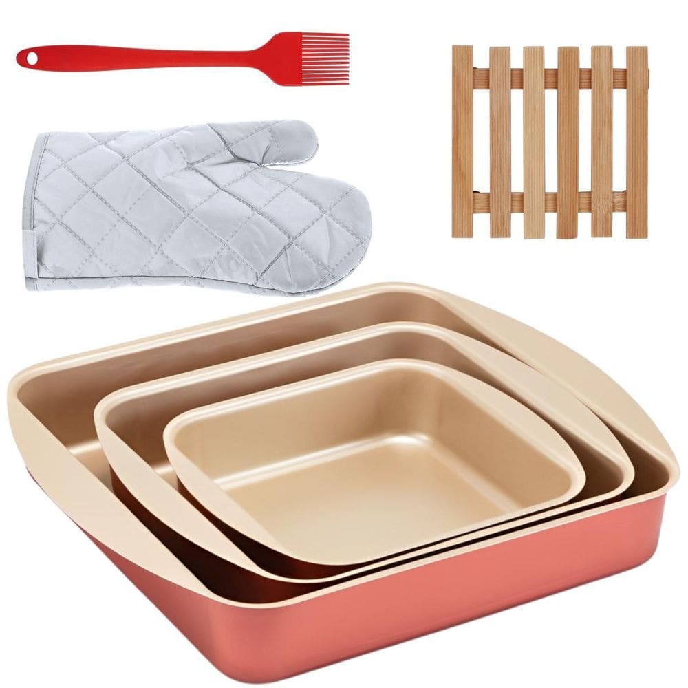 Assadeira Quadrada 03 Pçs + Luva + Pincel + Descanso Panela