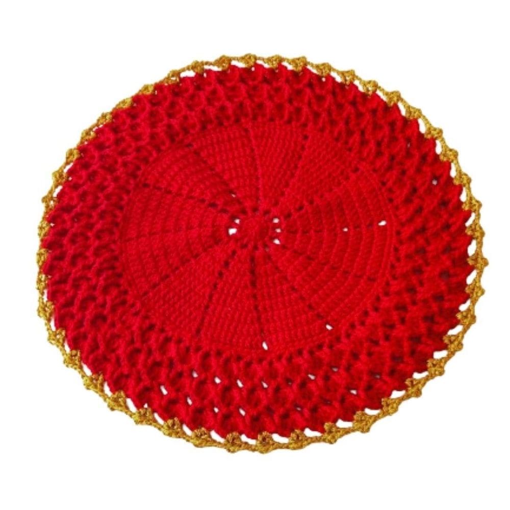 Kit Com 6 Sousplat Em Crochê Artesanal 35Cm Vermelho Dourado