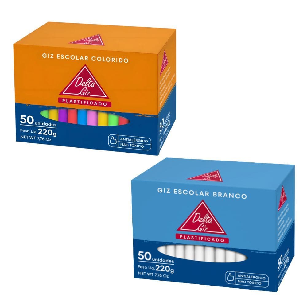 Kit Giz de Lousa Branco e Colorido Caixa c/ 50 Unidades Não Tóxico - Delta Giz | Escolar | Brincadeiras | Escrita