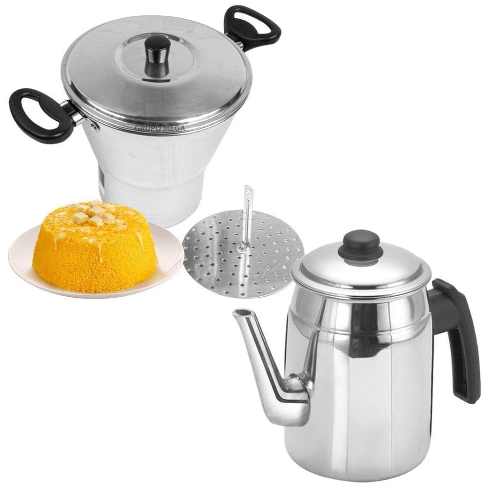 Conjunto Bule Bico Longo 1,3L Água Café + Cuscuzeira Grande