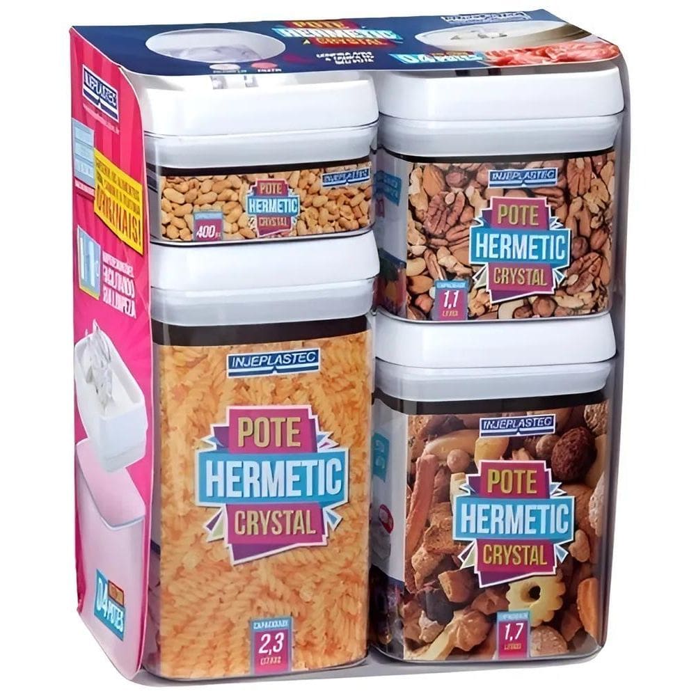 Kit 4 Potes Herméticos Acrílico Quadrado Empilháveis Trava C