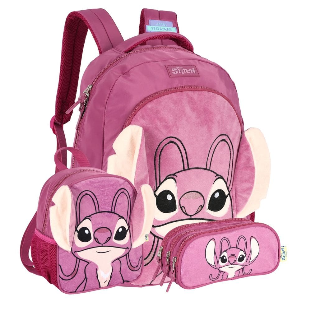Mochila Costas Pelúcia Stitch Disney Lancheira Estojo Triplo