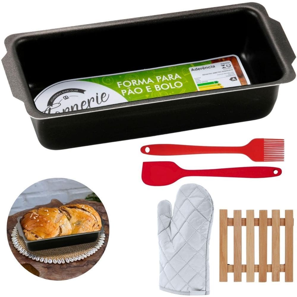 Forma Pão 1,3L + Luva + Pincel + Espátula + Descanso Panela