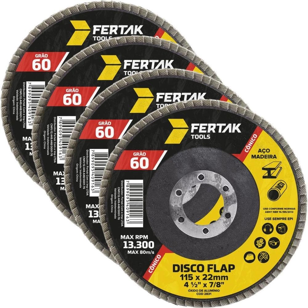 Disco Flap Cônico 115Mm Grão 60 Madeira Aço Desbaste 04 Un