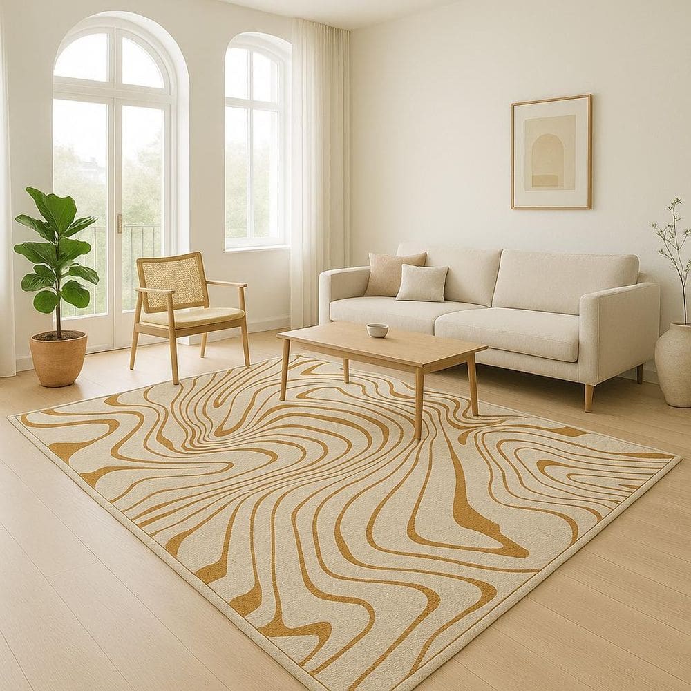 Tapete Sala 300X200Cm 3X2 Sem Pelo Organico Bege Dourado