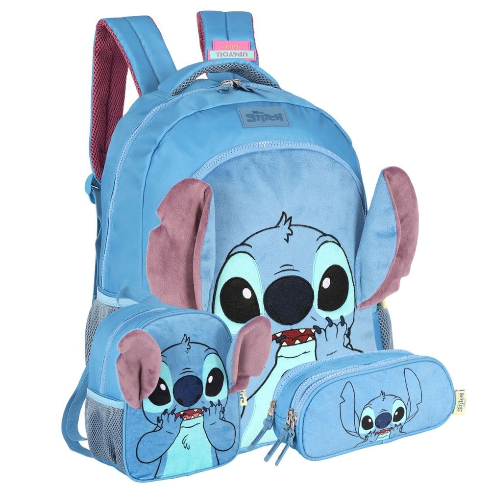 Mochila Costas Pelúcia Stitch Disney Lancheira Estojo Triplo