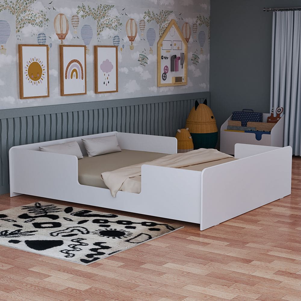 Cama Infantil Casal com Laterais de Proteção Modelo Montessoriano Branco