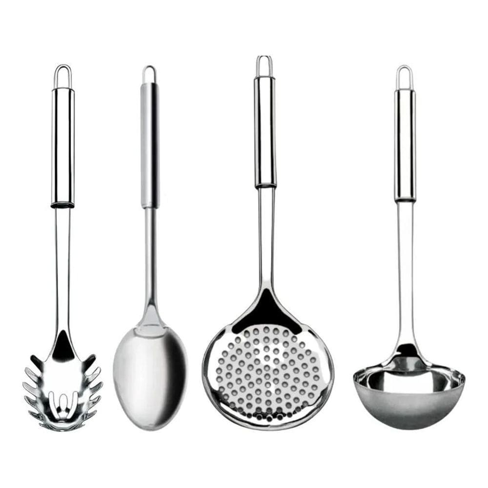 Jogo Kit 4 Utensílios Cozinha Inox Colher Escumadeira Concha