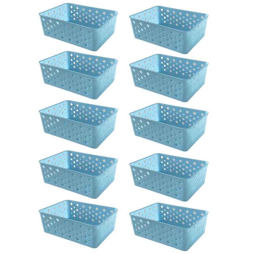 Kit 10 Cestos Organizadores Azul Multiuso Médio Empilhável