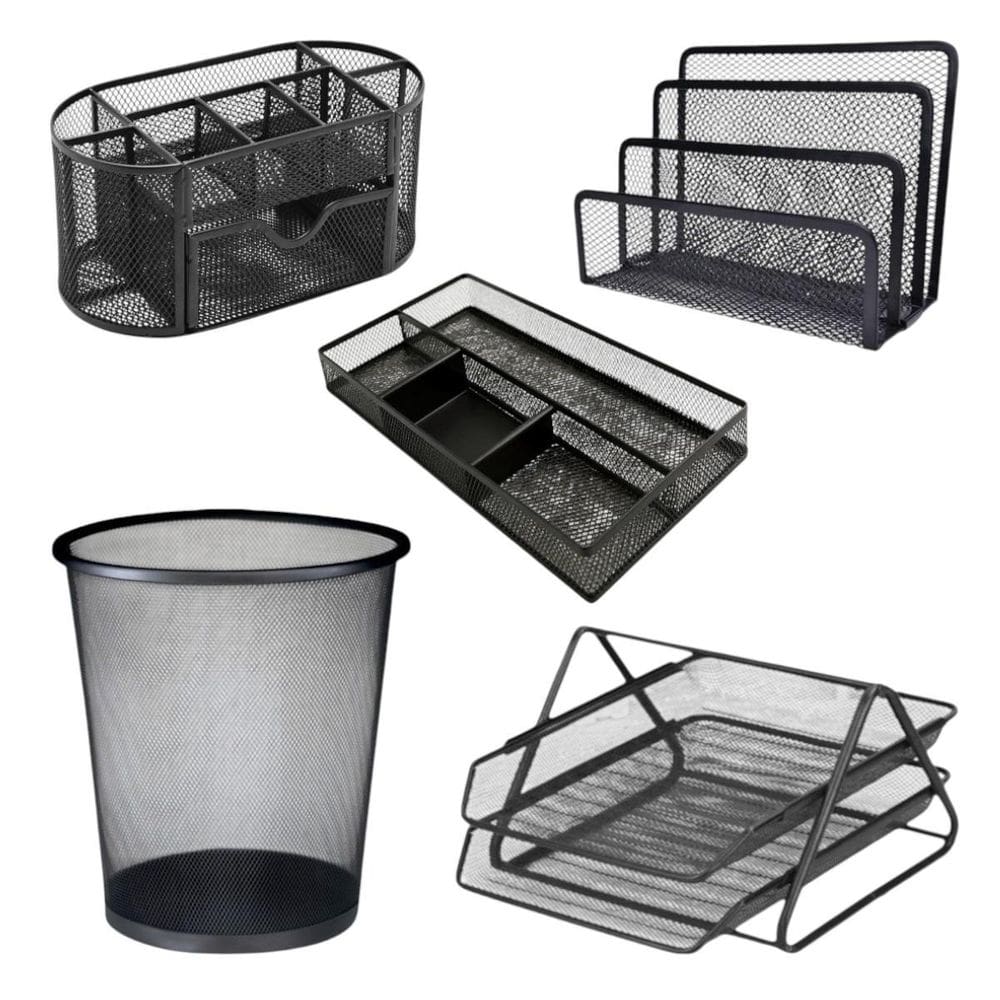 Kit Escritório Organizador Metálico Mesa Papel Lixeira 5 Pçs