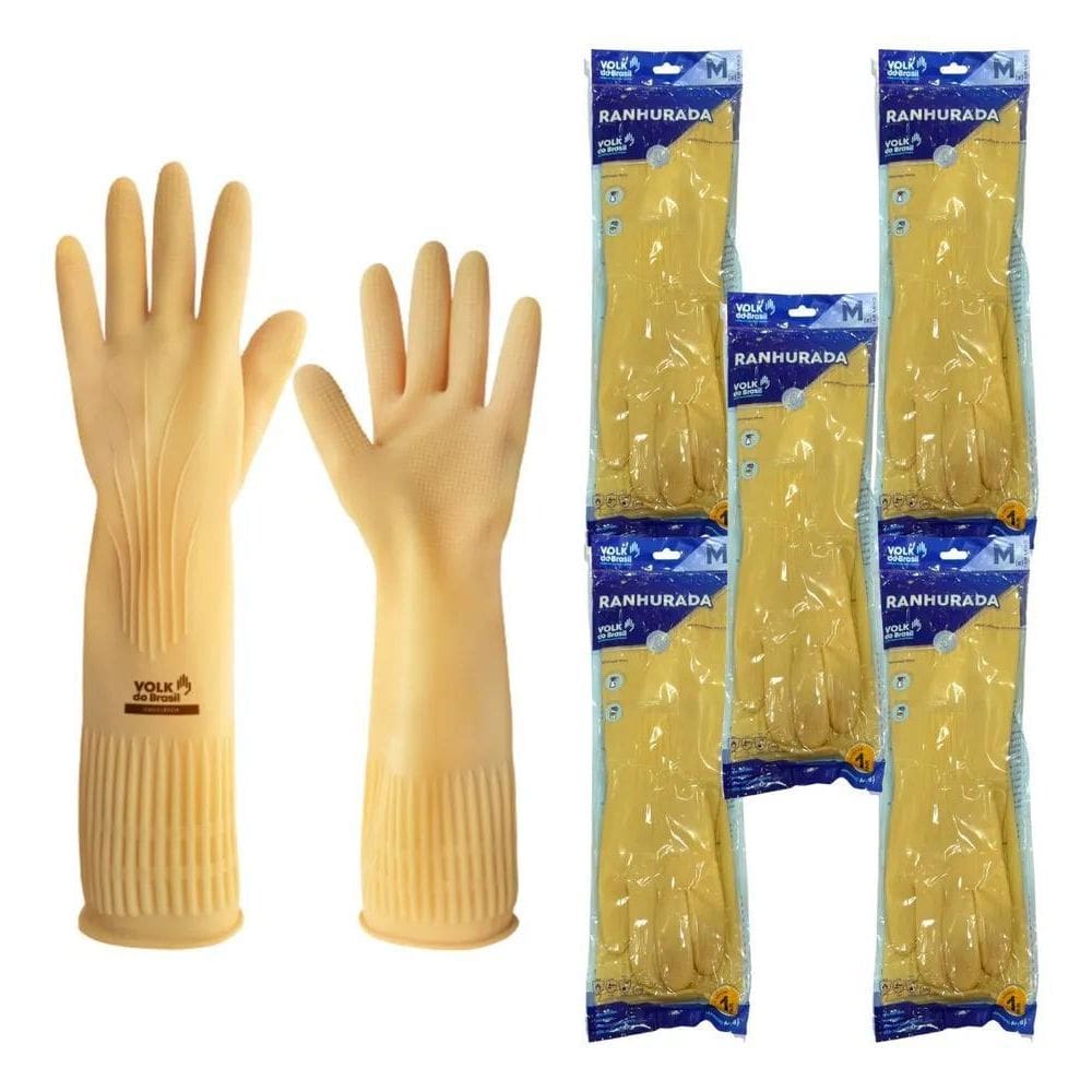 Kit 5 Prs Luva De Látex Natural Ranhurada Longa Antialérgica