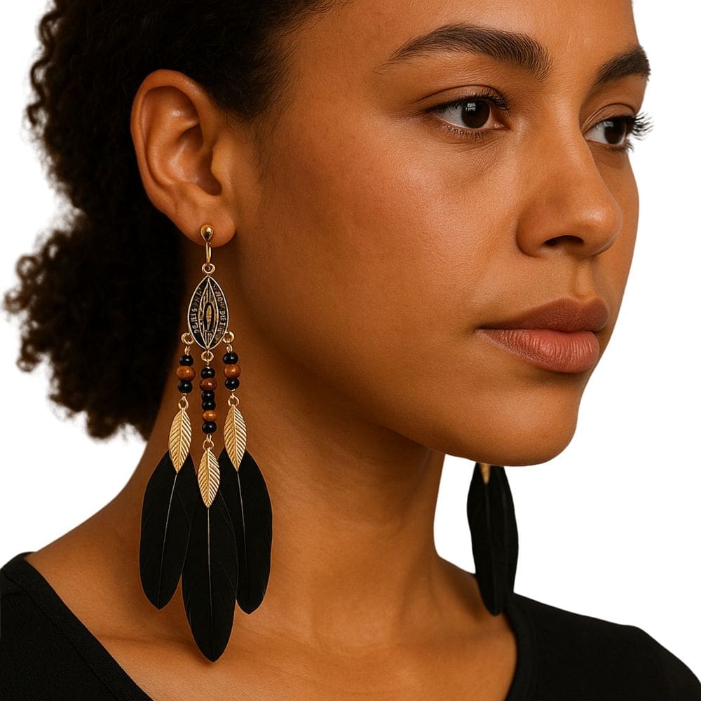 Brinco Presão Preto Étnico Penas Contas Decorativas Festa