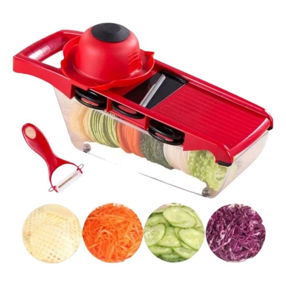 Kit Jogo 6 Peças Ralador E Fatiador De Alimentos Com 4 Lâminas - Vermalho