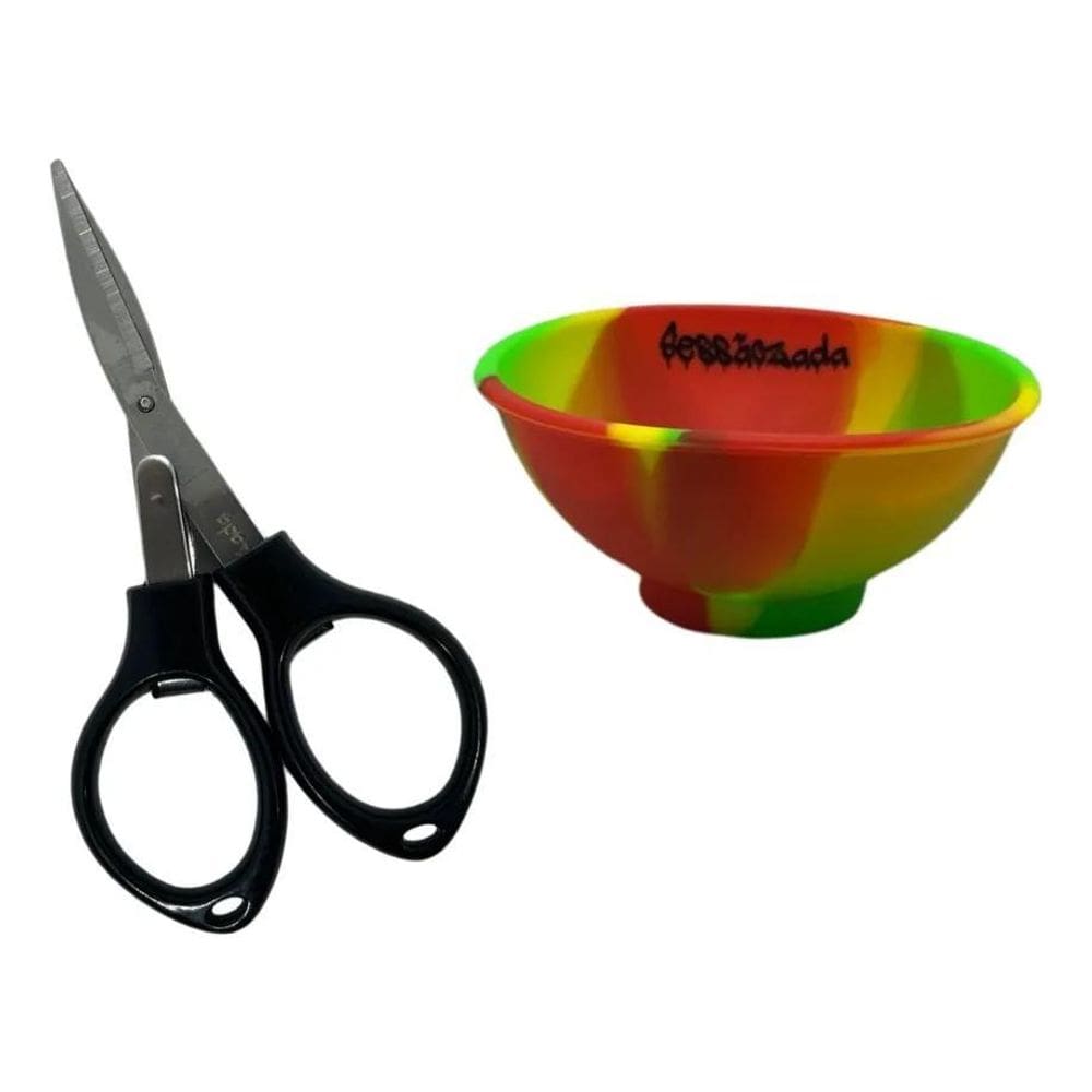 2X Kit Tabacaria Cuia Silicone + Tesoura Dobrável Metal Afia