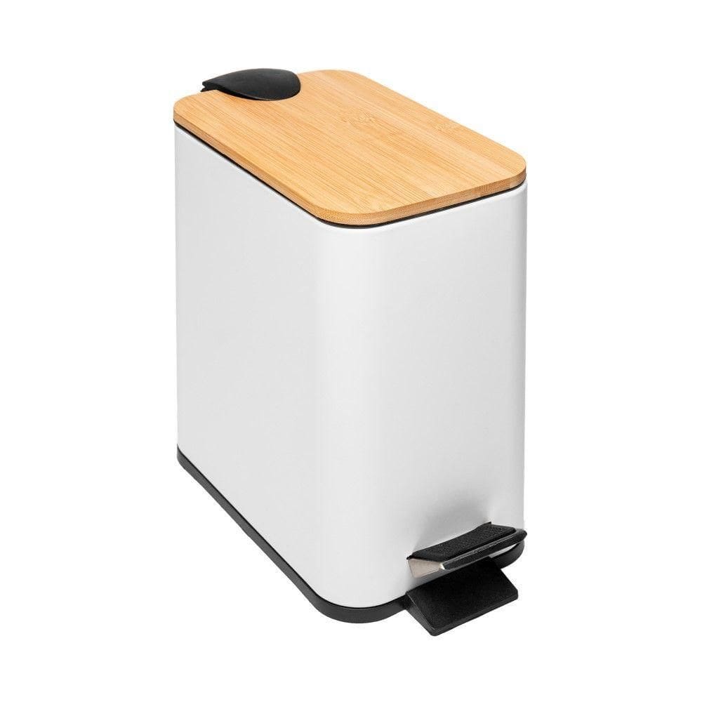 Lixeira 5l Retangular De Metal Com Pedal E Tampa Em Bambu Branca Lyor