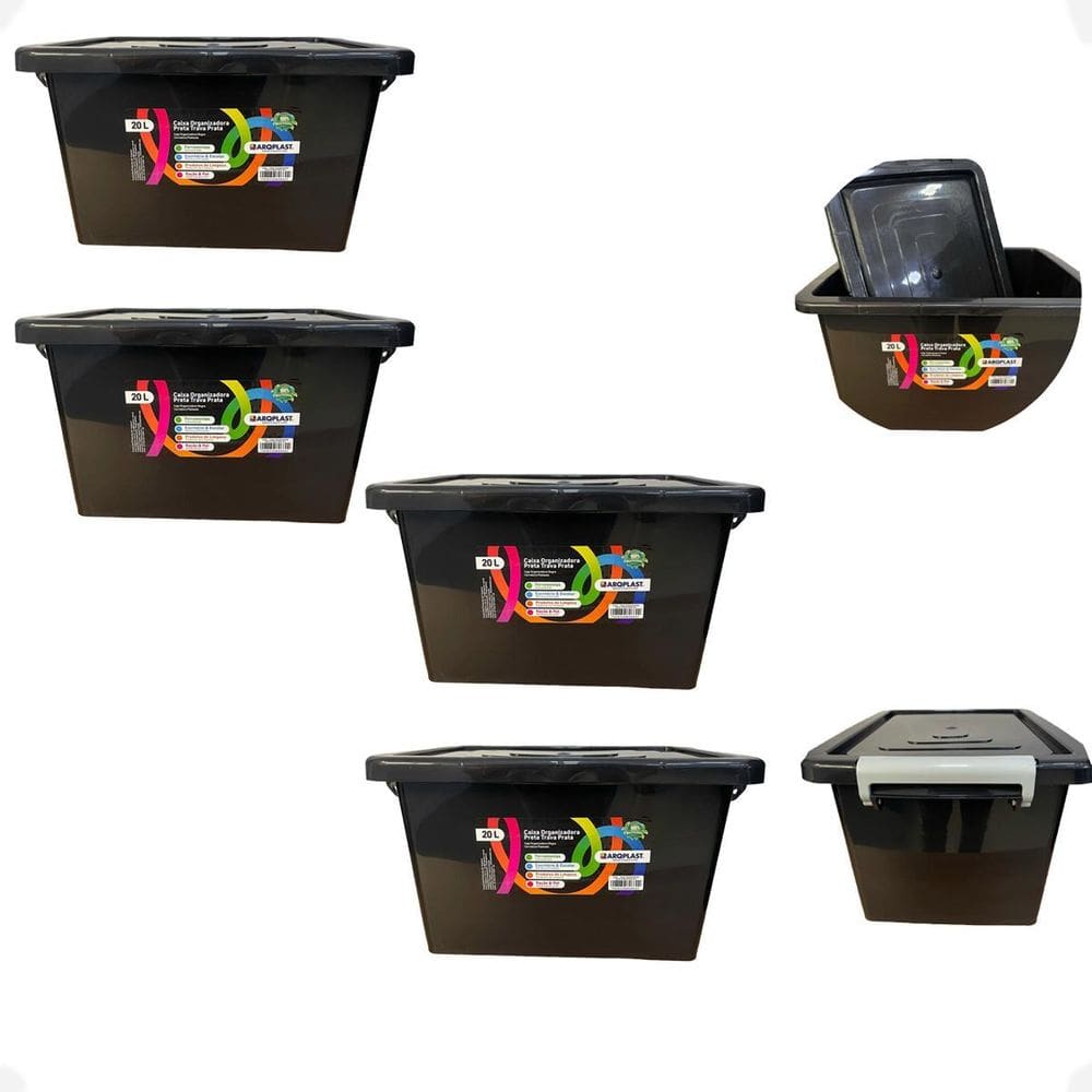 4 Caixa Organizadora Multiuso Preta Com Trava Prata 20 Lts