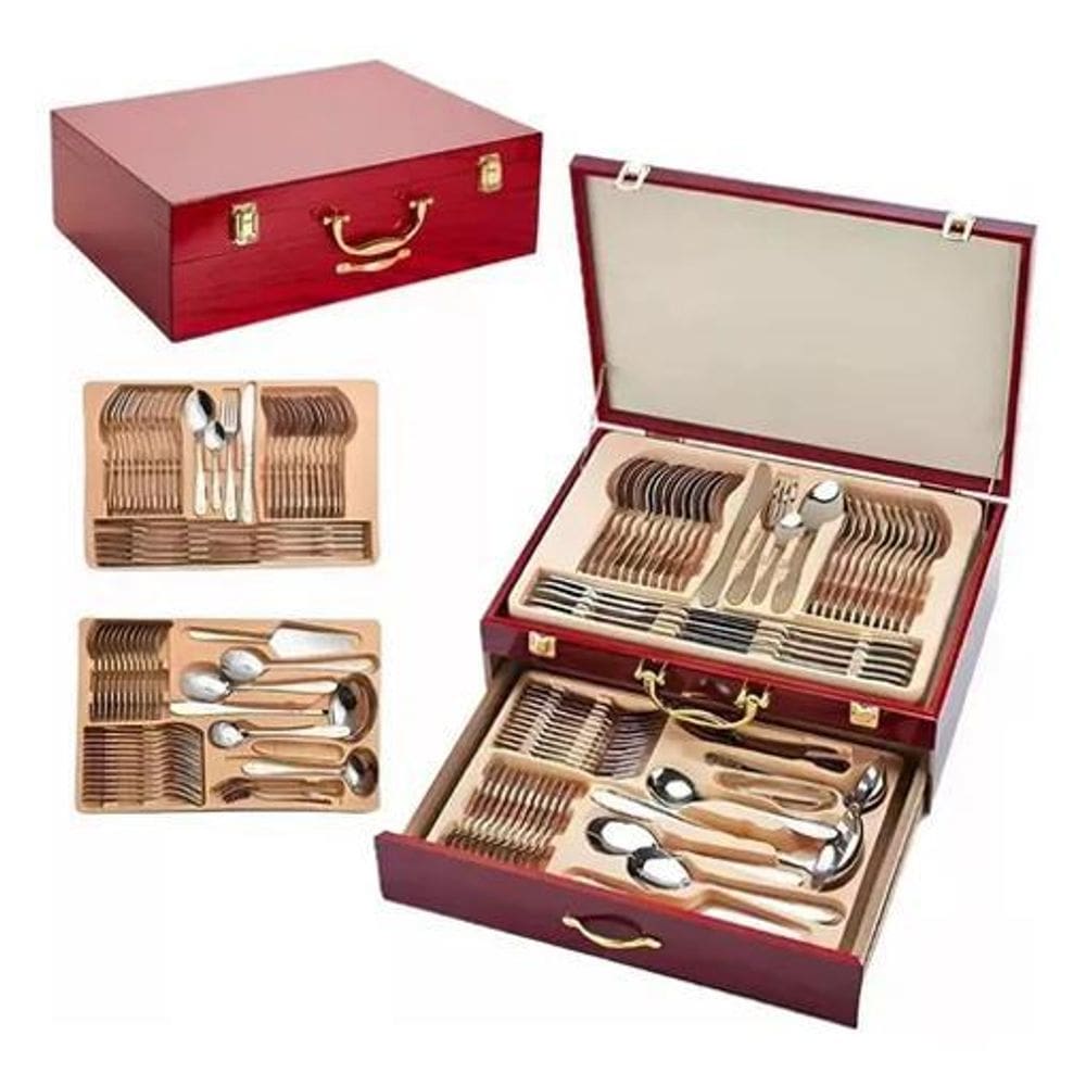 Faqueiro Inox 84 Peças Detalhe Dourado Luxo