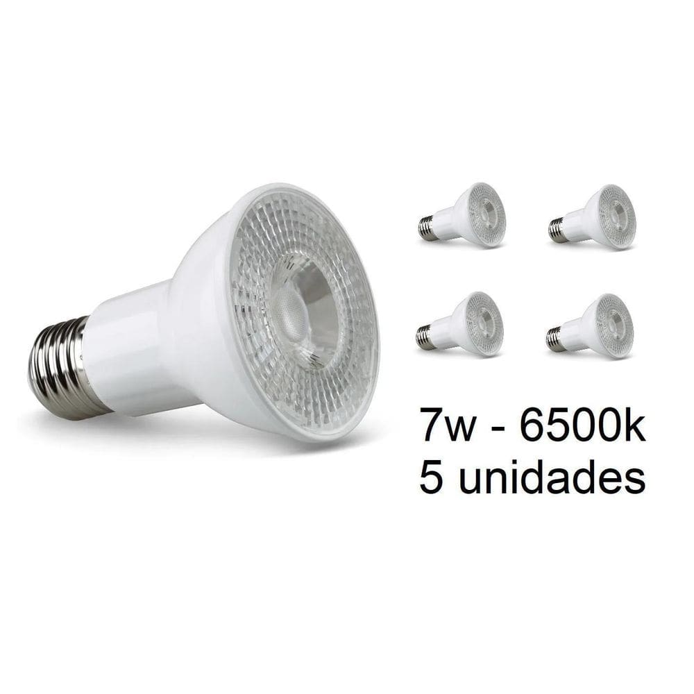 Kit 5 Lâmpadas Led Par20 E27 7W 6500K Luz Fria Branca Bivolt