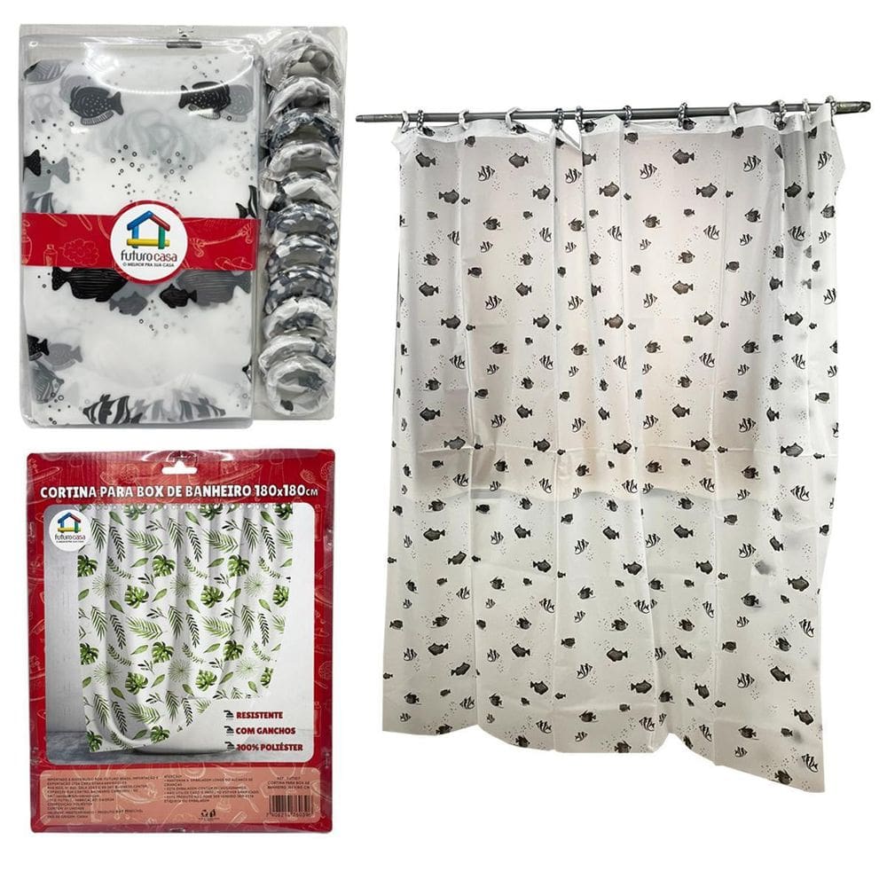 Cortina Para Box Banheiro Com Ganchos 100% Poliester 180Cm