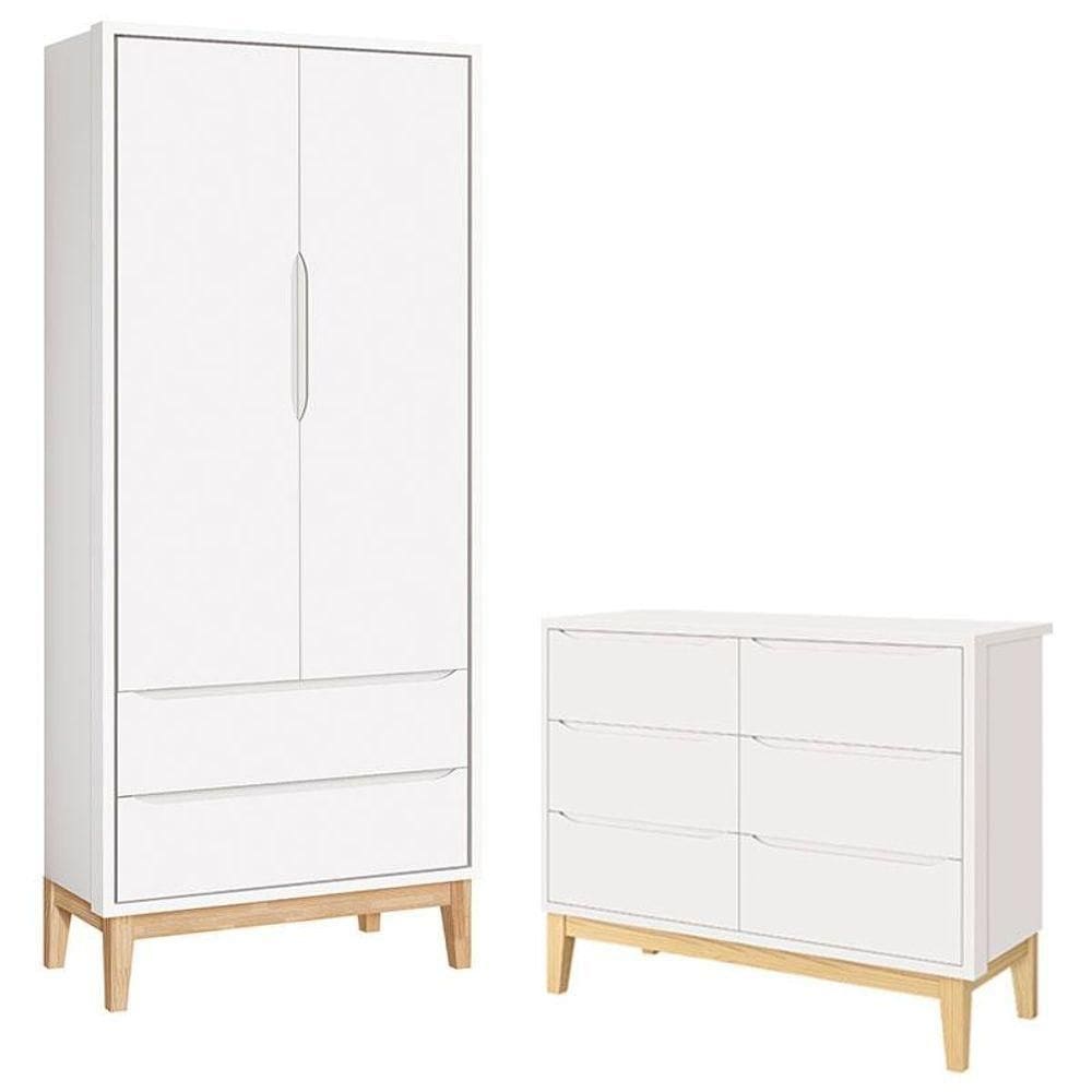 Cômoda 6 Gavetas E Guarda Roupa 2 Portas New Classic Branco Com Pés Madeira Natural- Reller
