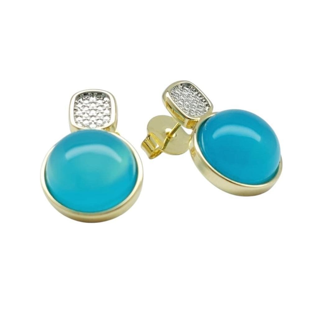 Brinco Redondo Agata Azul Céu Dourado Semijoia Lizzy Fatin