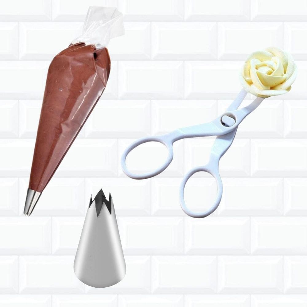 Kit Flor De Decoração Tesoura Saco De Confeitar Bico 1M Bolo