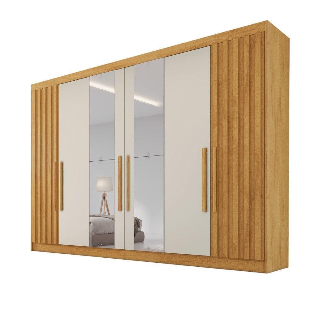 Guarda Roupa 6 Portas Potente Com Espelho 100% Mdf Peroba/off White