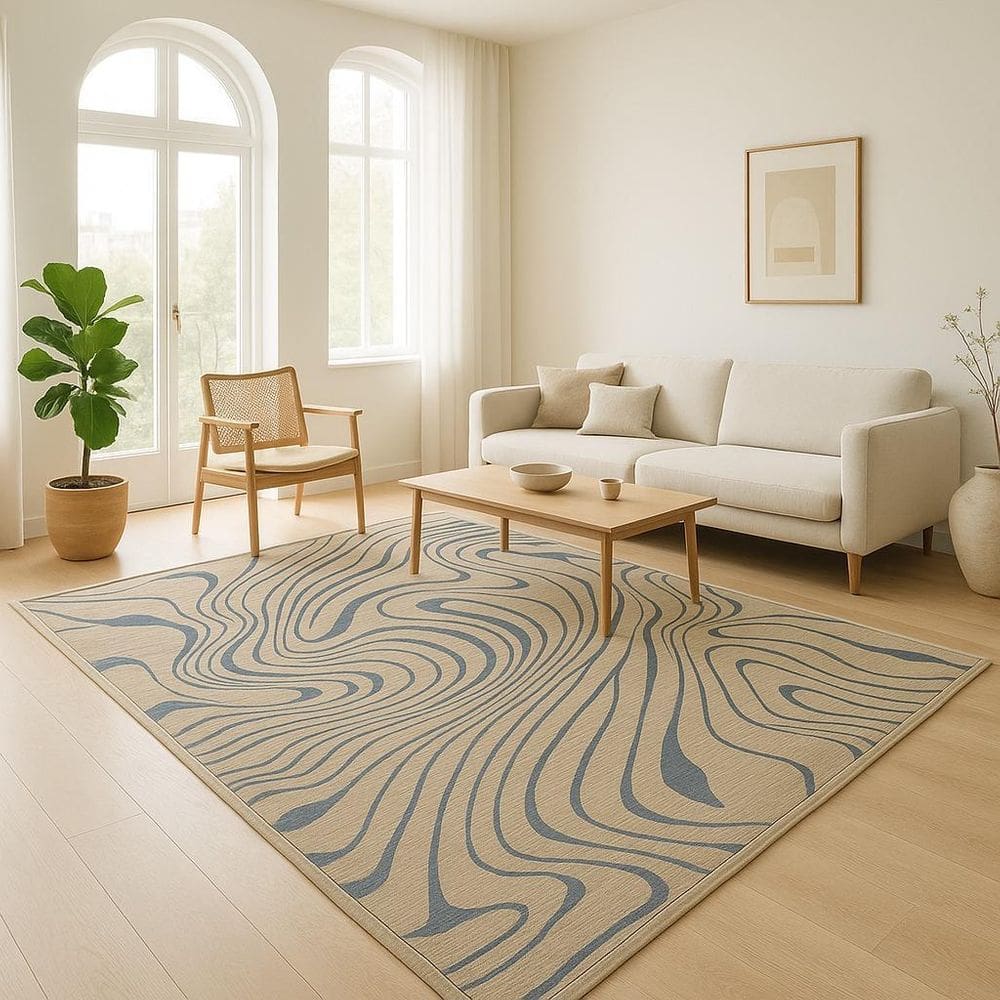 Tapete Sala 250X300Cm Sem Pelo Organico Bege Azul Antiderrap