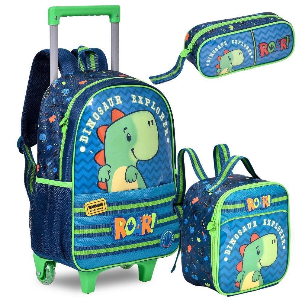 Kit Mochila De Rodinhas Lancheira Estojo Dinossauro - Clio