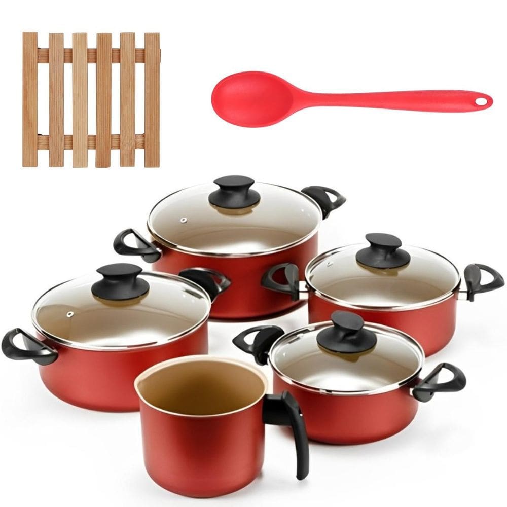 Jogo De Panelas 05 Pçs + 05 Descansos + Colher De Silicone