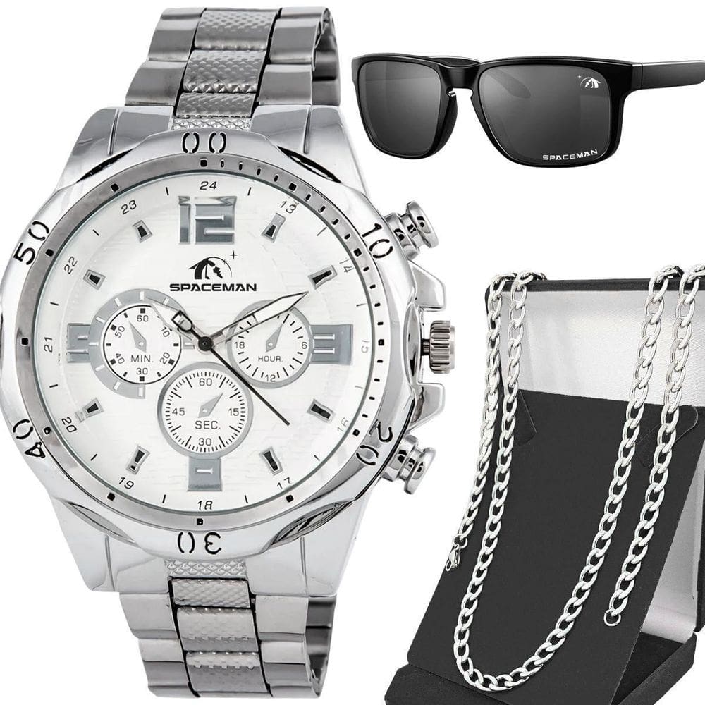 Relógio Masculino Aço Inoxidável + Cordão + Óculos Sol