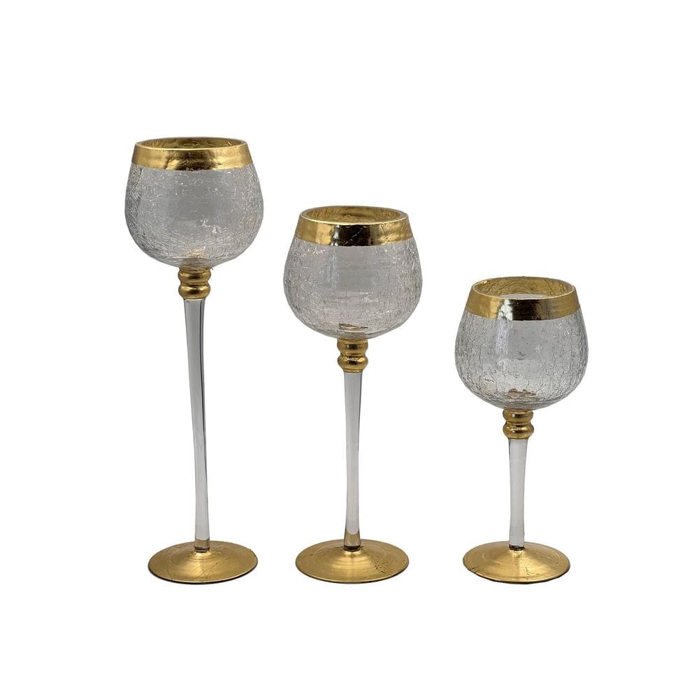 Jogo 3 Castiçais Para Natal Vidro Gold Craquelada 20/25/30Cm