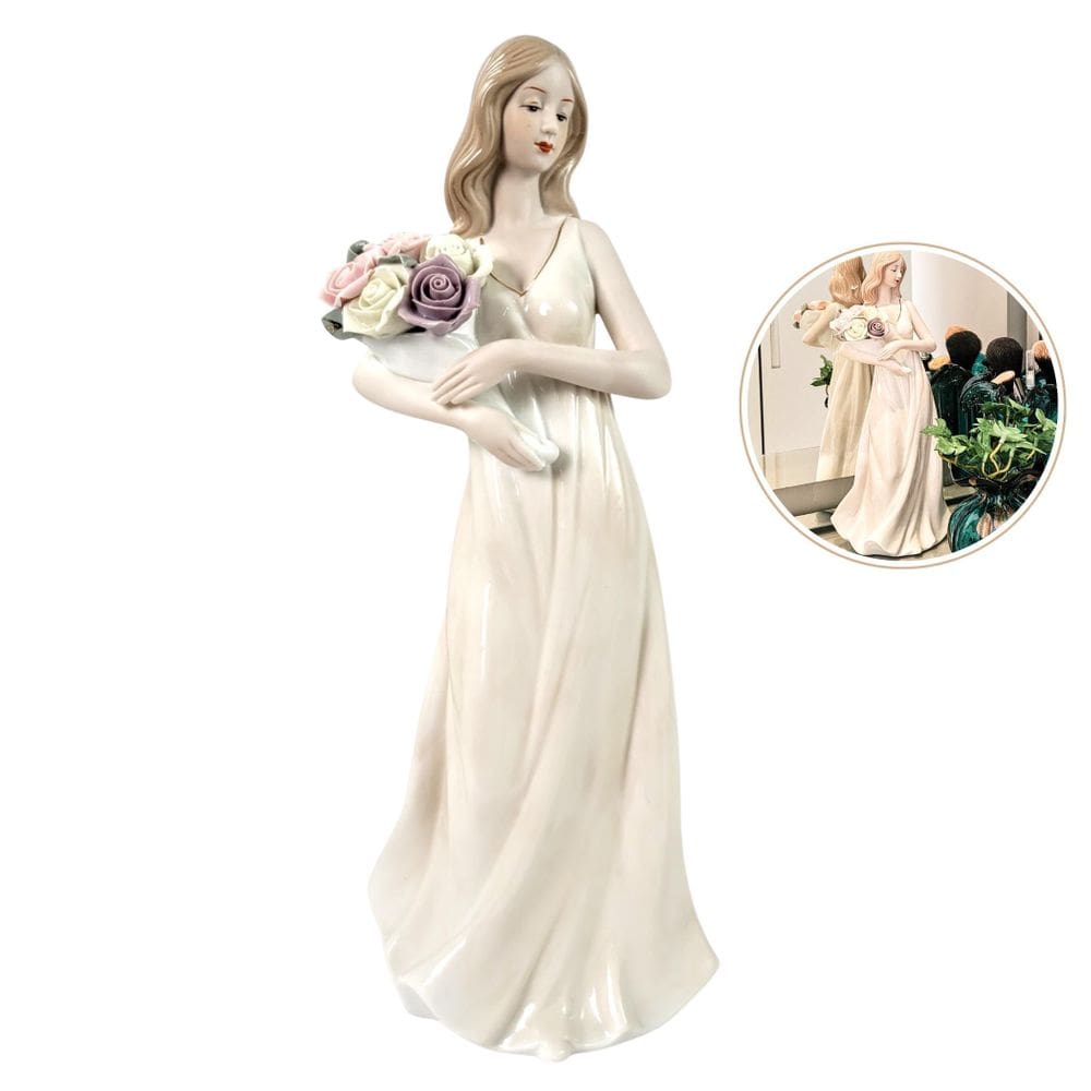Dama Branca Com Flor Porcelana 31Cm Estátua Decoração
