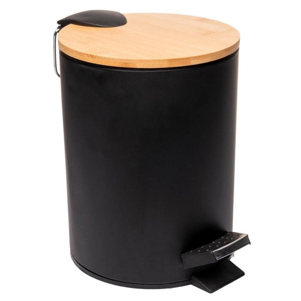 Lixeira 5l Redonda De Metal Com Pedal E Tampa Em Bambu Preta Lyor