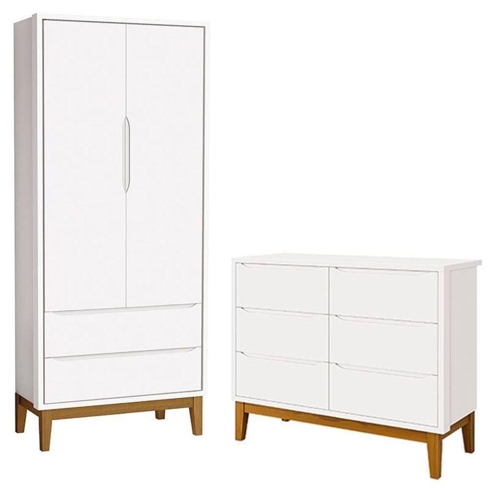 Cômoda 6 Gavetas E Guarda Roupa 2 Portas New Classic Branco Com Pés Madeira - Reller