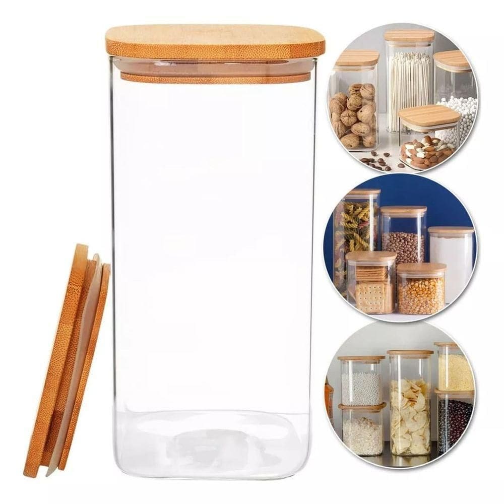 Pote De Vidro Hermético Com Tampa De Bambu - 1500ml