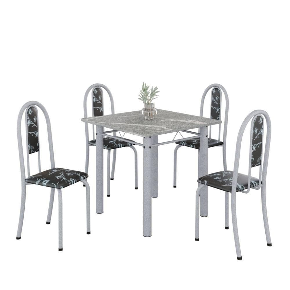 Conjunto De Mesa Tubular 4 Cadeiras 70x70cm Mart Perola Com Tampo Em Granito Topázio Isabel 030 - Tudo De Móveis Preto Floral
