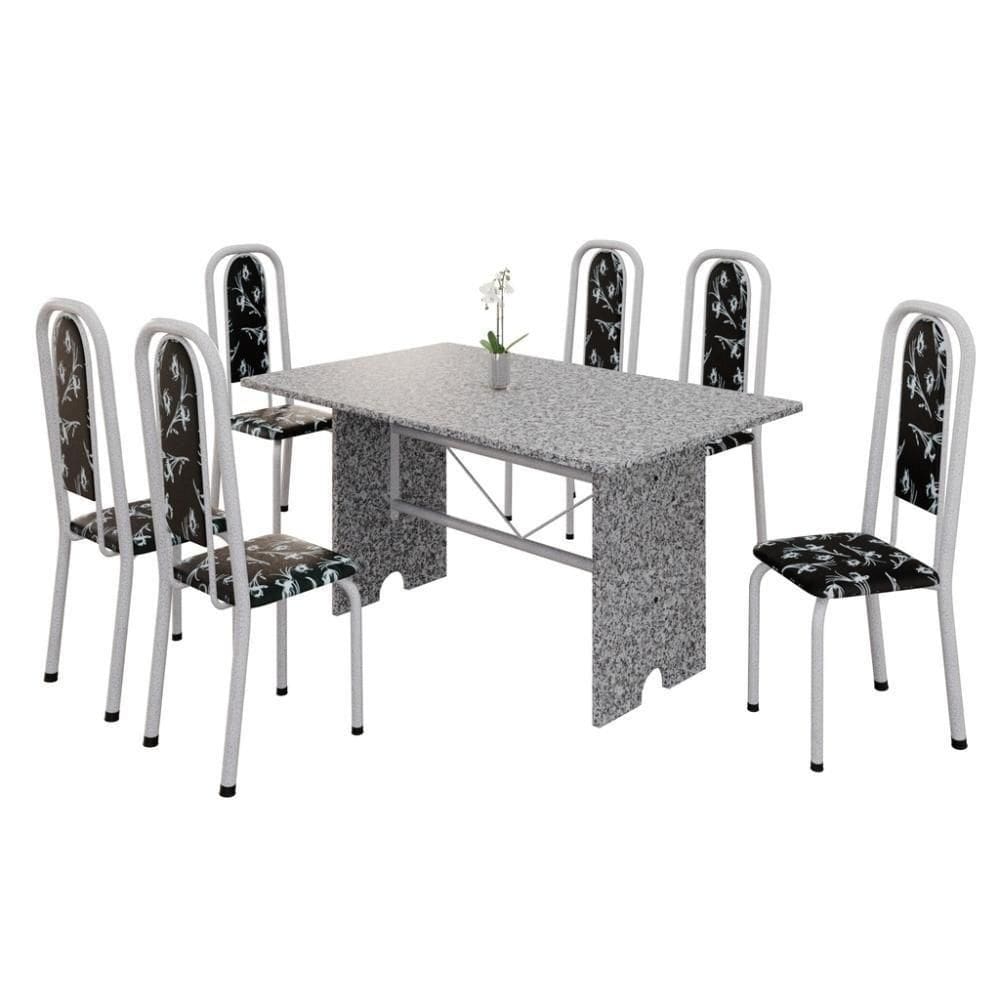 Conjunto De Mesa Tubular 6 Cadeiras 140x75cm Mart Perola Com Tampo Em Granito Ocre Letícia 070 - Tudo De Móveis Botanic Bege