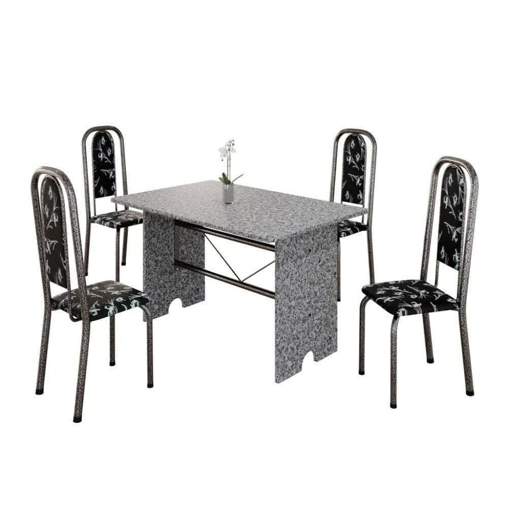 Conjunto De Mesa Tubular 4 Cadeiras 120x75cm Mart Prata Com Tampo Em Granito Ocre Letícia 070 - Tudo De Móveis Preto Floral