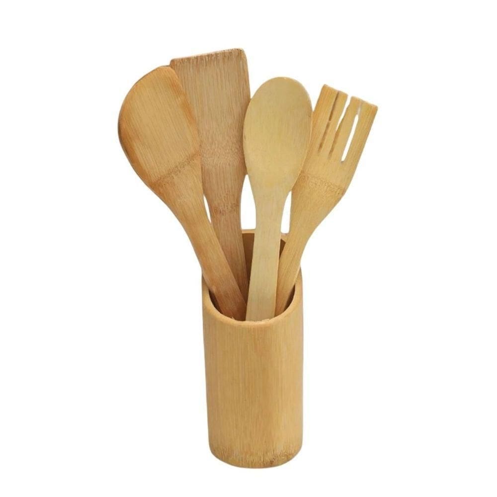 Kit 5 Peças Utensílio De Cozinha De Bambu