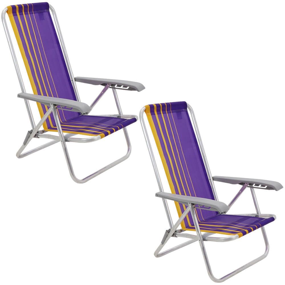 Kit 02 Cadeiras de Praia Reclin.Tramontina Bali Baixa em Alumínio c/ Assento Roxo e Amarelo 92900103