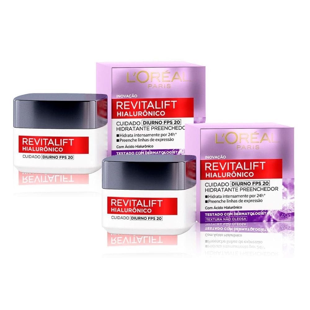 Kit 2 Creme Hidratante Facial Anti-idade L`Oréal Paris Revitalift Hialurônico Diurno FPS 20, 49g