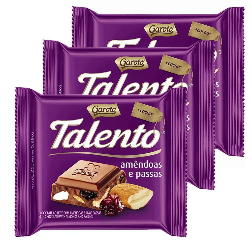 Kit 3 Chocolate Garoto Talento Amêndoas e Uvas Passas 25g