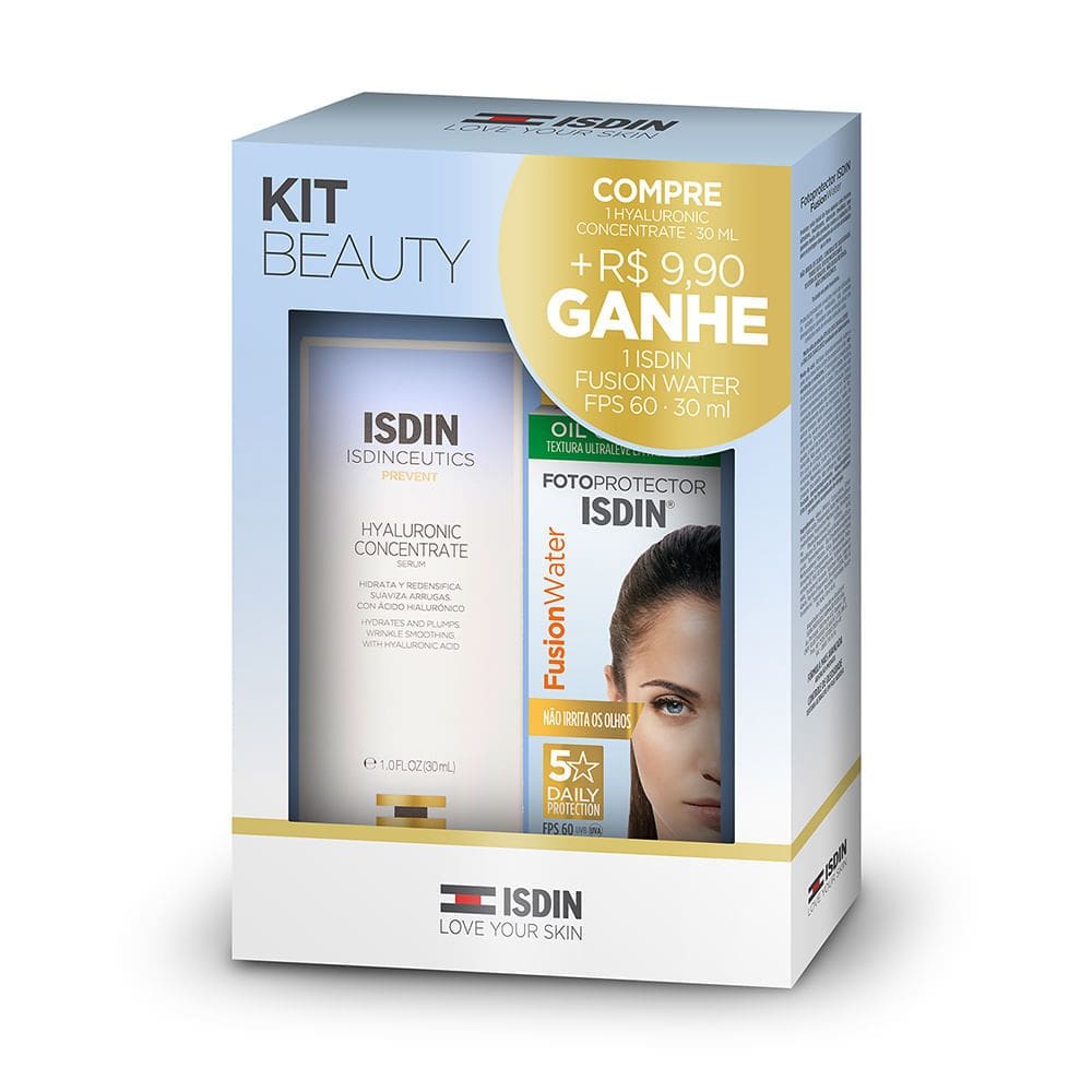 Kit Beauty Isdin Hyaluronic Concentrate Isdinceutics Sérum 30ml e Protetor Solar Isdin Fusion Water 5 Stars Oil Control FPS 60 30ml