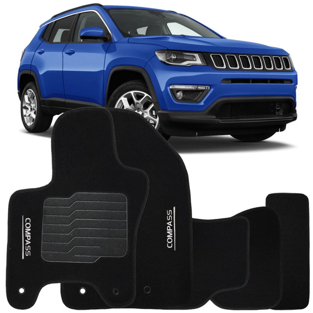 Jogo de Tapete Automotivo Carpete Jeep Compass 2016 à 2025 Soft Logo Bordado Preto 5 Peças