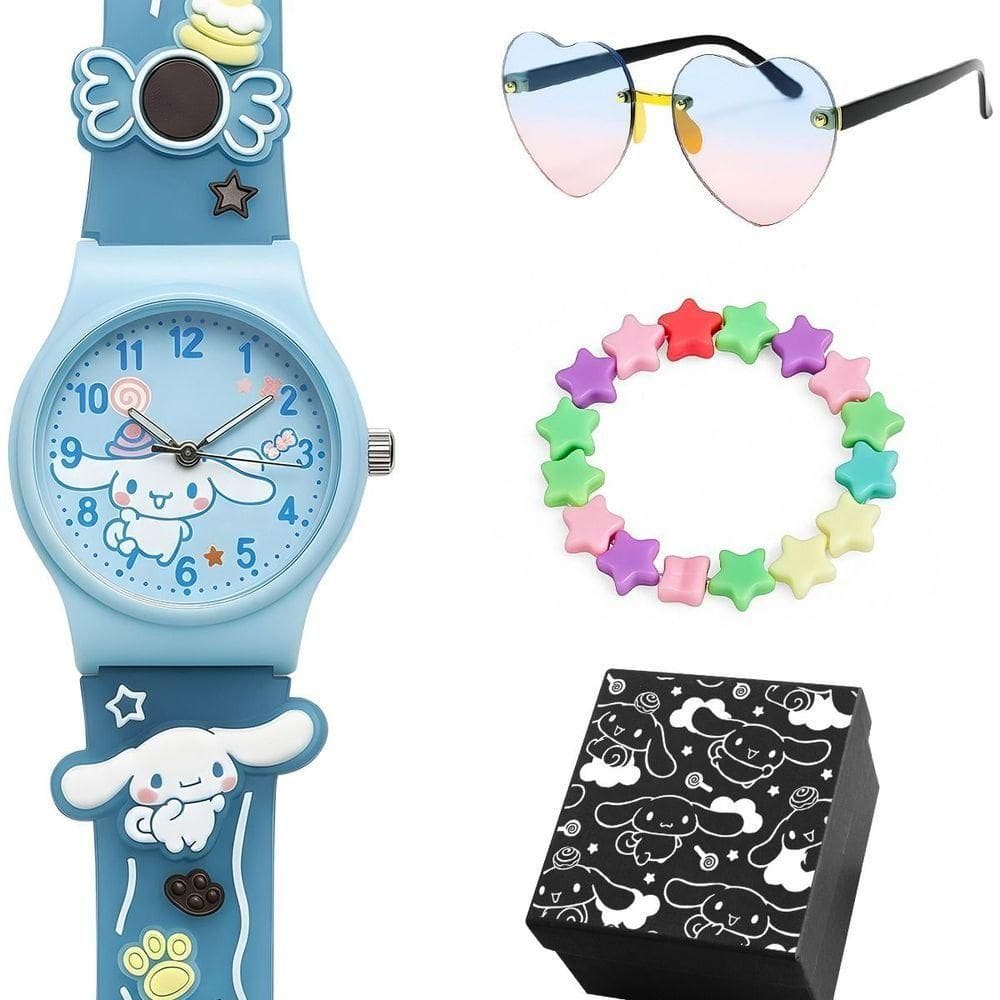 Relogio Azul Infantil Silicone + Pulseira Oculos + Caixa Presente Pulseira Ajustavel Menina Crianca