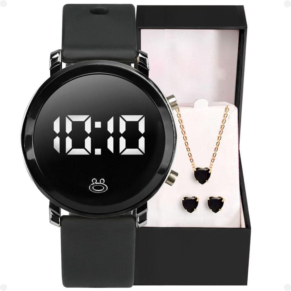 Relogio Digital Feminino Aço + Colar + Caixa + Brincos Presente Redondo Casual Preto Social Silicone