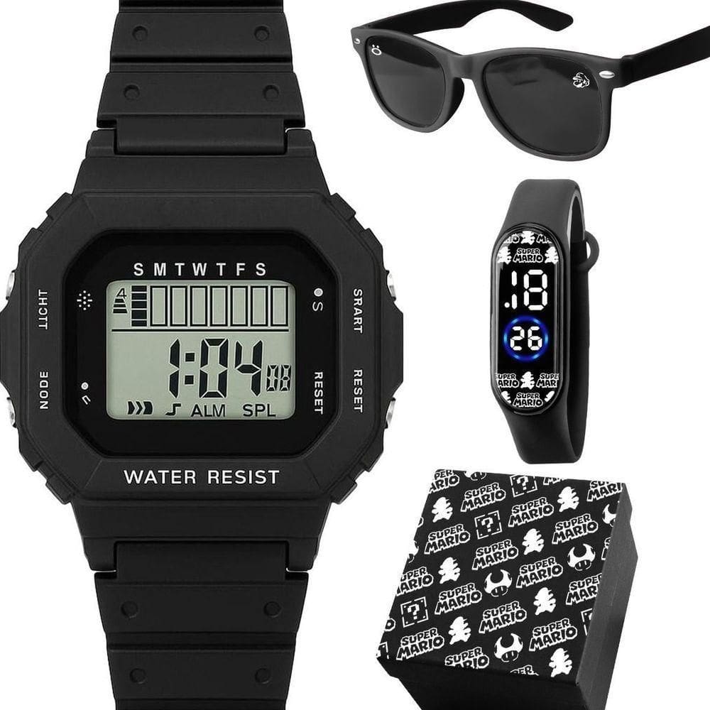 Relogio Infantil Digital Led Preto + Caixa Protecao Uv Silicone Acetato Pulseira Ajustavel Crianca