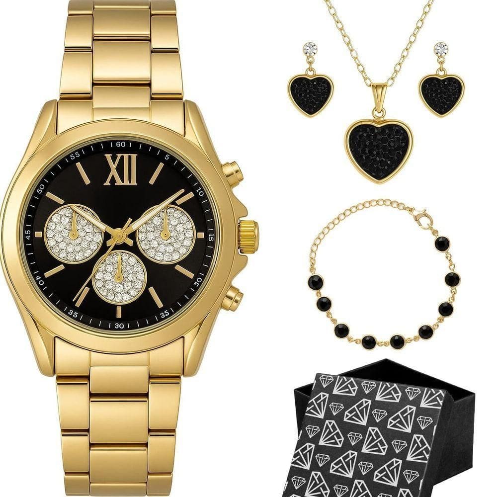 Relogio Dourado Feminino Aco Inox + Caixa + Pulseira Oculos Preto Casual Losango Qualidade Premium