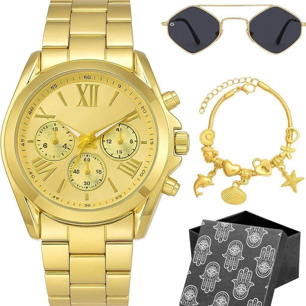 Relogio Dourado Inoxidavel Feminino + Pulseira Caixa Colar Casual Banhado Moda Pingente Losango Aco